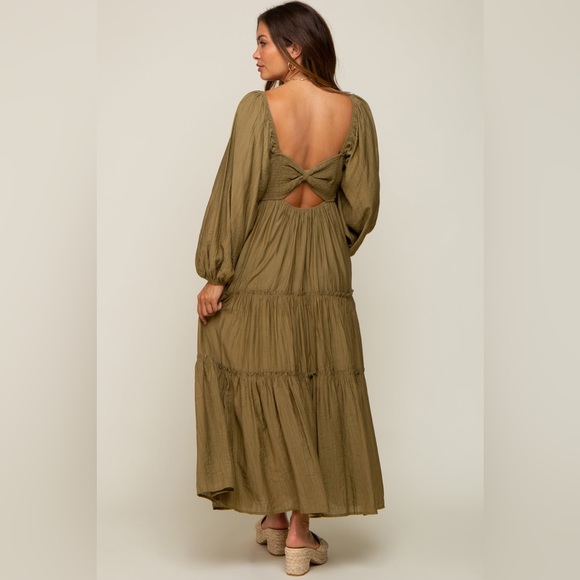 NEW - Maternity Tiered Maxi Dress, Ruched Front, Cutout Back, in Olive - M and L - Picture 2 of 14